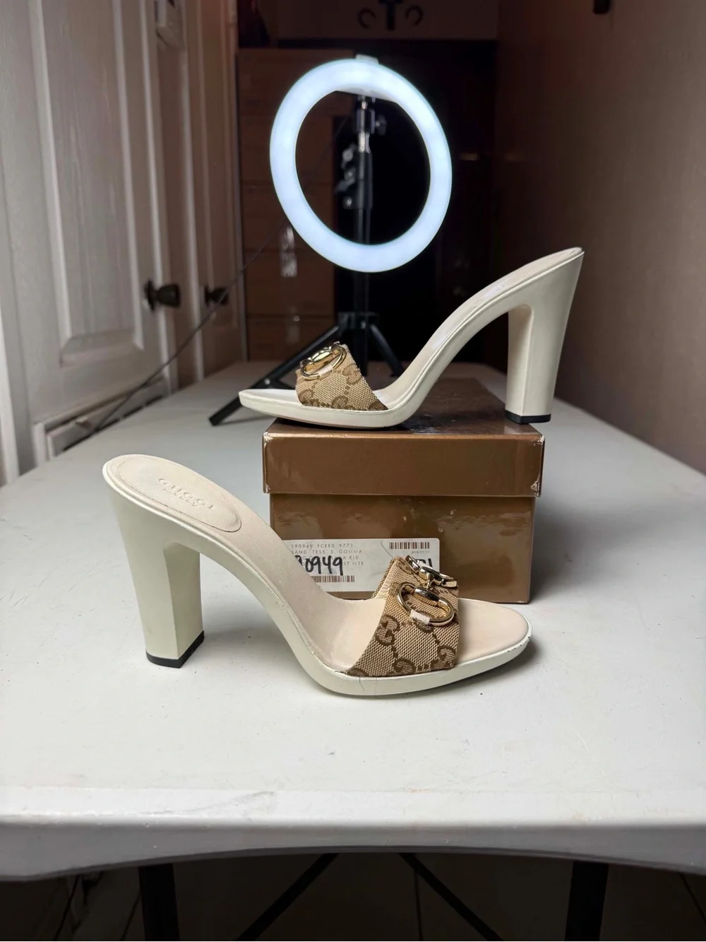 Damage Gucci Brown/Beige GG Canvas Horsebit Slide Sandals Sz 7.5 cracked soles